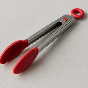 Small Silicone Serving Tongs for Appetizers and Salad with Stainless Steel Frame and Easy Locking Mechanism Red