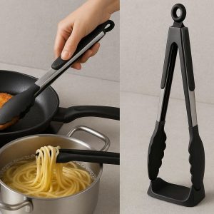 Multi Purpose Silicone Kitchen Tongs for Frying and Pasta with Integrated Stand to Keep Countertops Clean Black