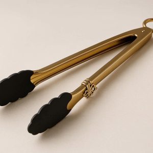 Luxury Gold Stainless Steel Food Tongs for Elegant Table Service with Silicone Tips and Decorative Locking Clip