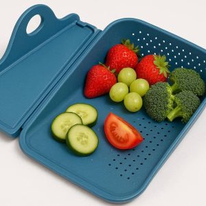 Foldable Small Cutting Board with Integrated Colander for Fruit and Vegetable Washing and Prep Blue