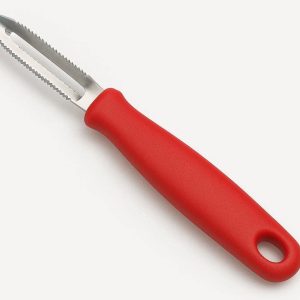 Serrated Fruit Peeler for Soft Skin Tomatoes and Kiwis with Sharp Stainless Steel Blade and Grip Red